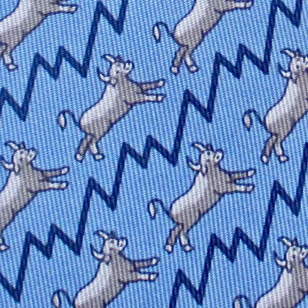 100% REAL HERMES TIE ~ Light Blue Fun Bulls & Bears Stock Market Ticker Tape XL